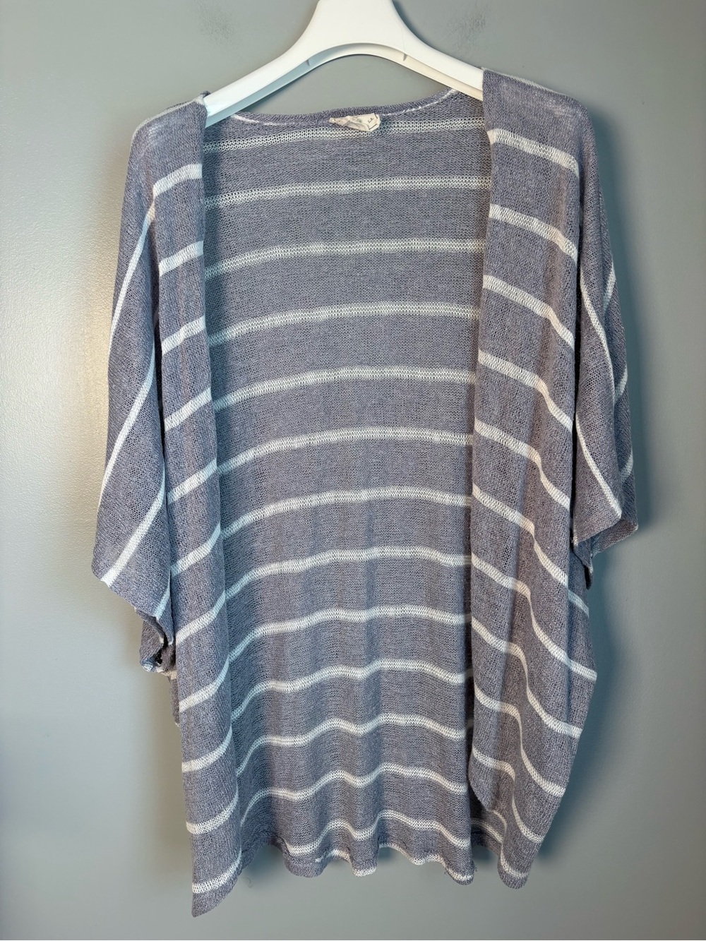 Womens Blue Grey Striped Open Front Kimono Knit Duster Sweater OS